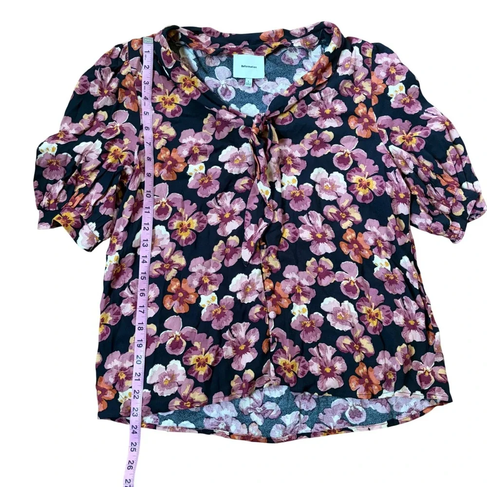 Reformation Joelle Floral Tie Neck Blouse Pansy Romantic Short Sleeve Large Boho